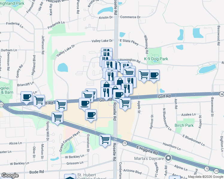 map of restaurants, bars, coffee shops, grocery stores, and more near 1226 North Roselle Road in Schaumburg