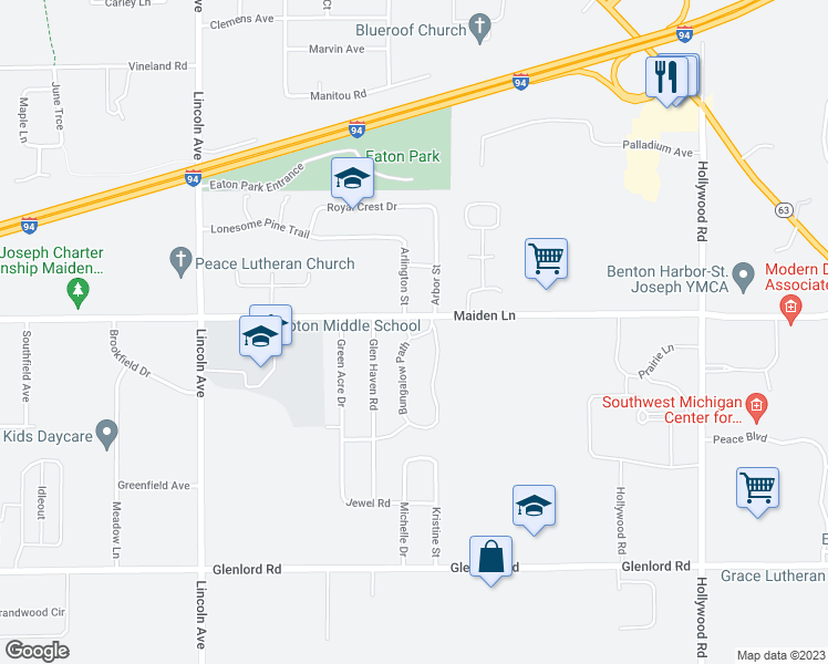 map of restaurants, bars, coffee shops, grocery stores, and more near 4087 Bungalow Path in St. Joseph