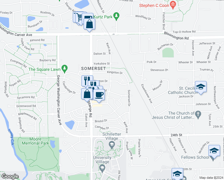 map of restaurants, bars, coffee shops, grocery stores, and more near 2435 Aspen Road in Ames