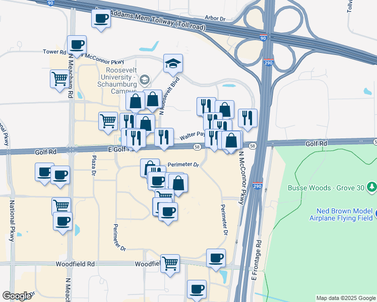 map of restaurants, bars, coffee shops, grocery stores, and more near 1754 East Golf Road in Schaumburg