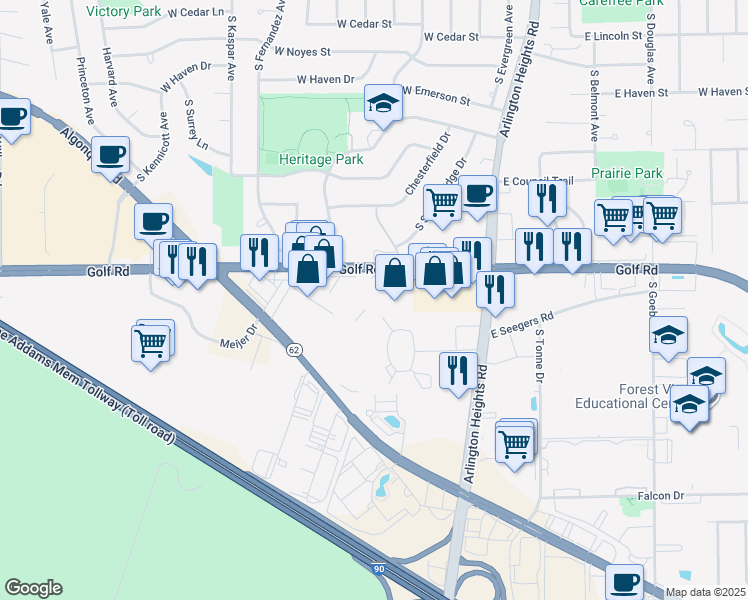 map of restaurants, bars, coffee shops, grocery stores, and more near 415 West Golf Road in Arlington Heights