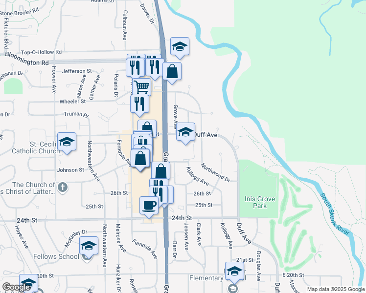 map of restaurants, bars, coffee shops, grocery stores, and more near 3012 Duff Avenue in Ames