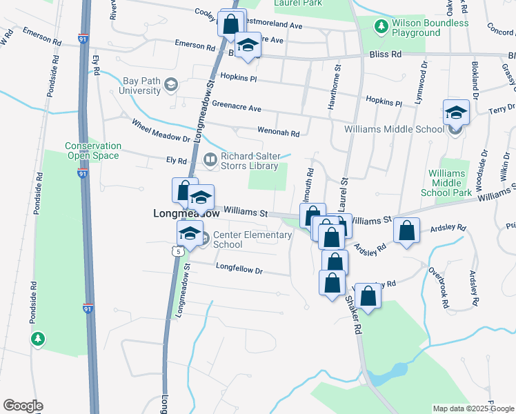 map of restaurants, bars, coffee shops, grocery stores, and more near 78 Williams Street in Longmeadow