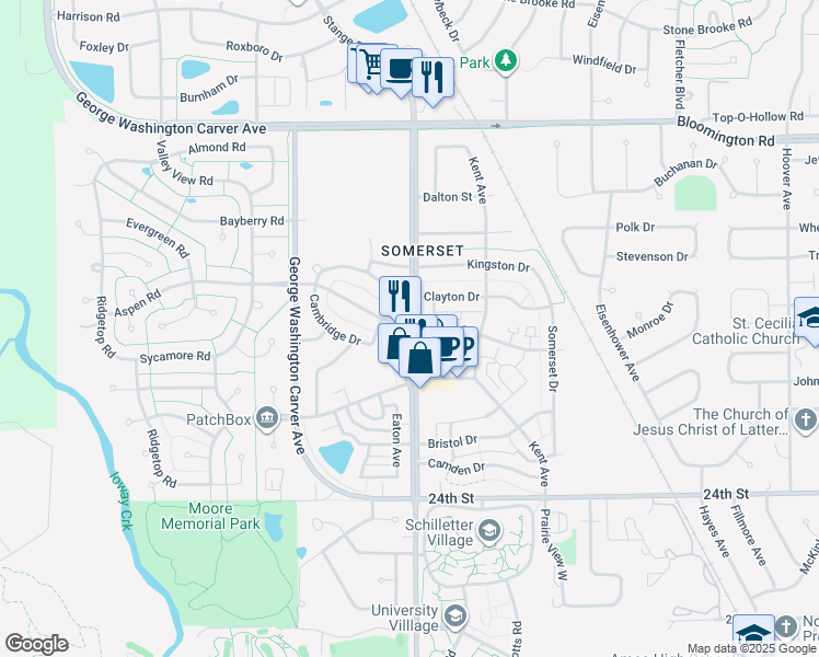 map of restaurants, bars, coffee shops, grocery stores, and more near Stange Rd & Aspen Rd in Ames