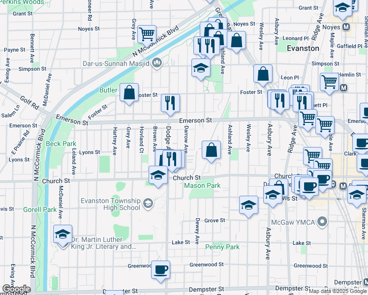 map of restaurants, bars, coffee shops, grocery stores, and more near 1801 Lyons Street in Evanston