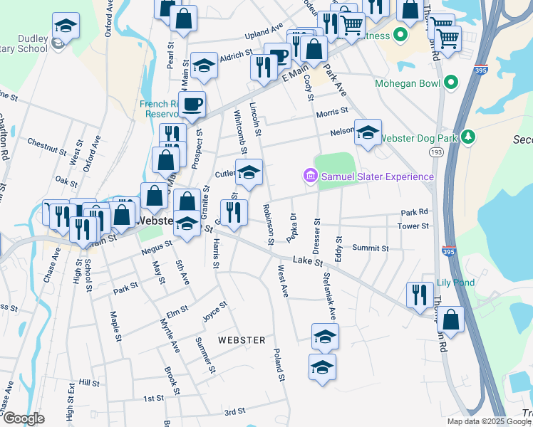 map of restaurants, bars, coffee shops, grocery stores, and more near 47 Whitcomb Street in Webster