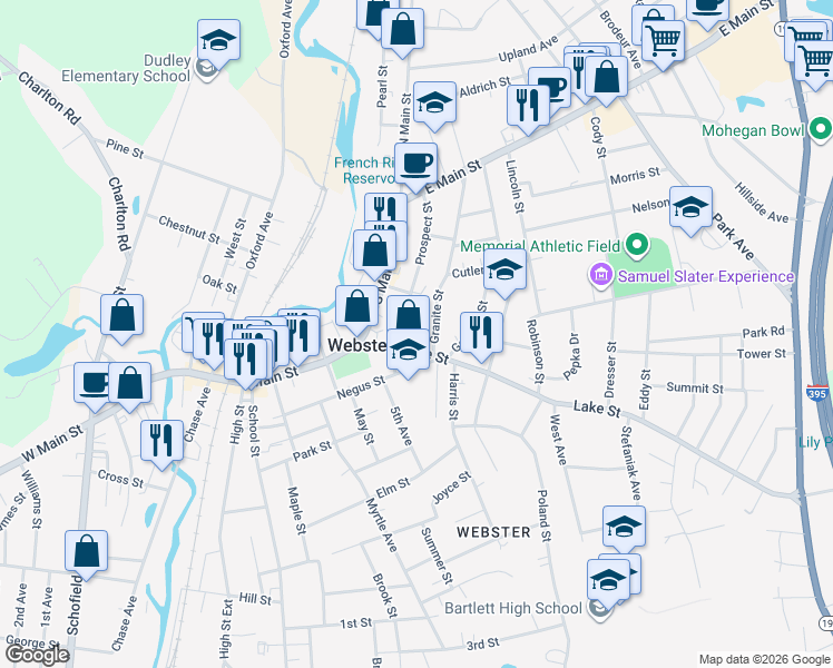 map of restaurants, bars, coffee shops, grocery stores, and more near 13 Prospect Street in Webster