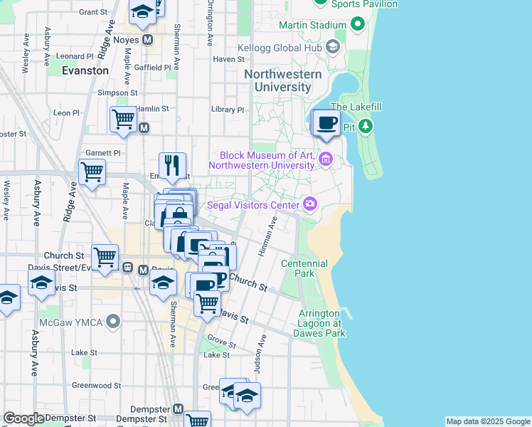 map of restaurants, bars, coffee shops, grocery stores, and more near 1881 Sheridan Road in Evanston