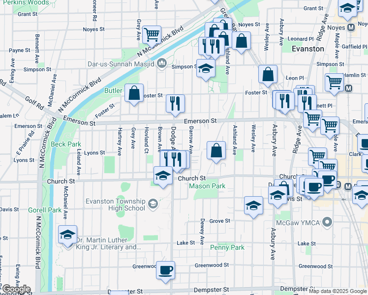 map of restaurants, bars, coffee shops, grocery stores, and more near 1818 Darrow Avenue in Evanston