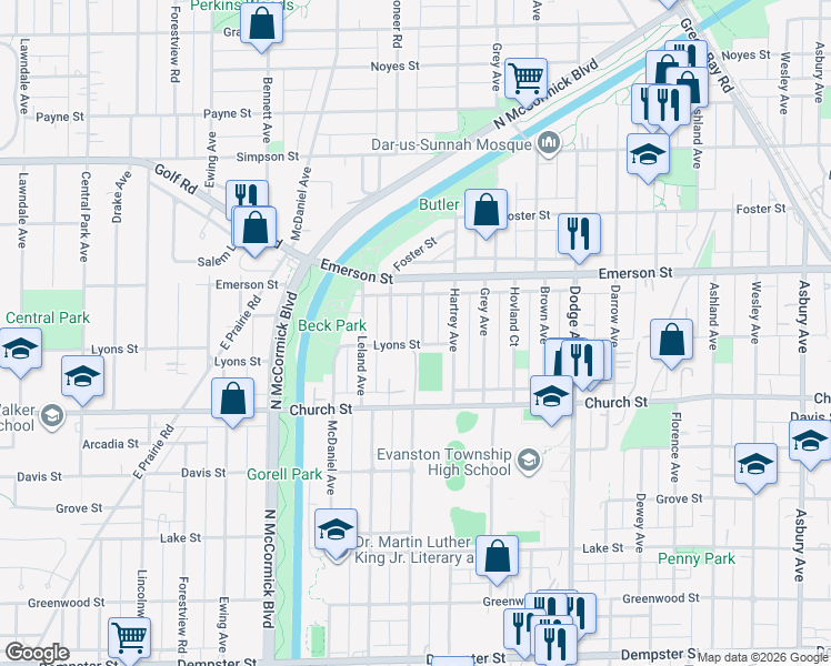 map of restaurants, bars, coffee shops, grocery stores, and more near 1826 Laurel Avenue in Evanston