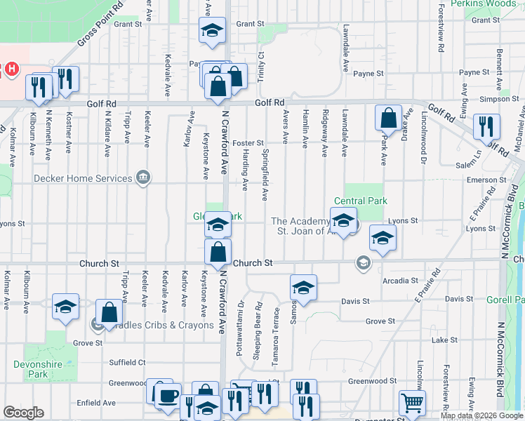 map of restaurants, bars, coffee shops, grocery stores, and more near 9337 Harding Avenue in Evanston