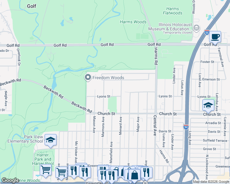 map of restaurants, bars, coffee shops, grocery stores, and more near 9342 Mansfield Avenue in Morton Grove