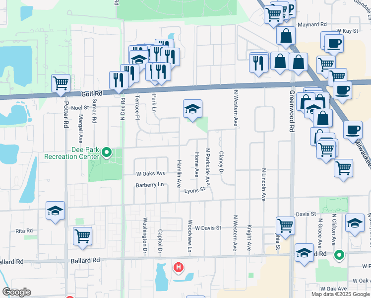 map of restaurants, bars, coffee shops, grocery stores, and more near 8939 West Emerson Street in Des Plaines