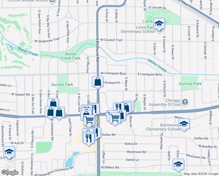 map of restaurants, bars, coffee shops, grocery stores, and more near 109 West Orchard Place in Mount Prospect