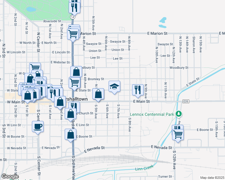 map of restaurants, bars, coffee shops, grocery stores, and more near 501-699 Bromley St in Marshalltown
