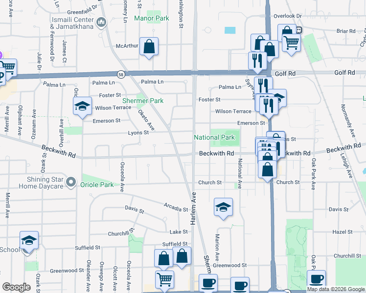 map of restaurants, bars, coffee shops, grocery stores, and more near 7210 Ponto Drive in Morton Grove