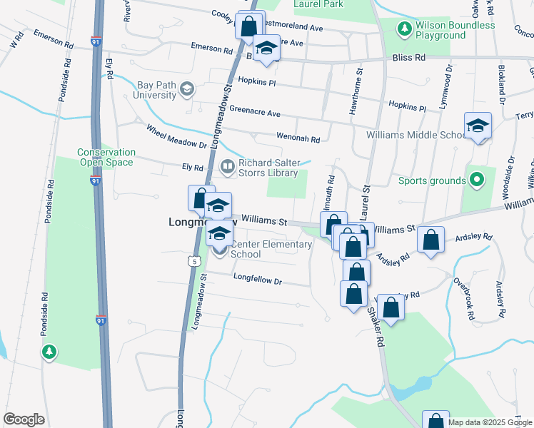 map of restaurants, bars, coffee shops, grocery stores, and more near 78 Williams Street in Longmeadow