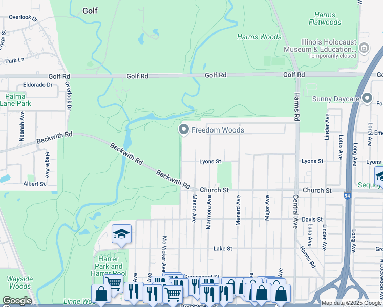 map of restaurants, bars, coffee shops, grocery stores, and more near 9341 Austin Avenue in Morton Grove