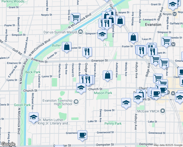 map of restaurants, bars, coffee shops, grocery stores, and more near 1818 Darrow Avenue in Evanston