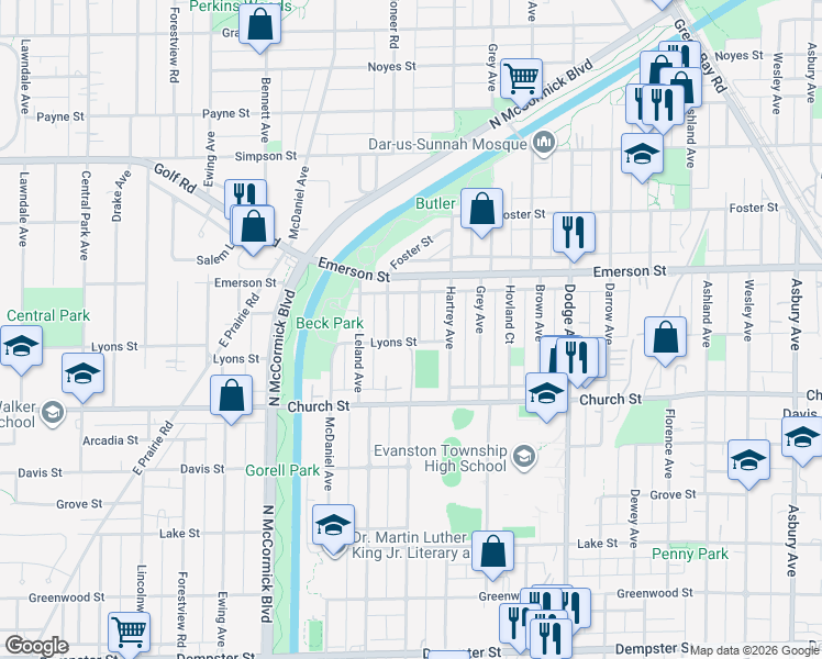 map of restaurants, bars, coffee shops, grocery stores, and more near 1826 Laurel Avenue in Evanston