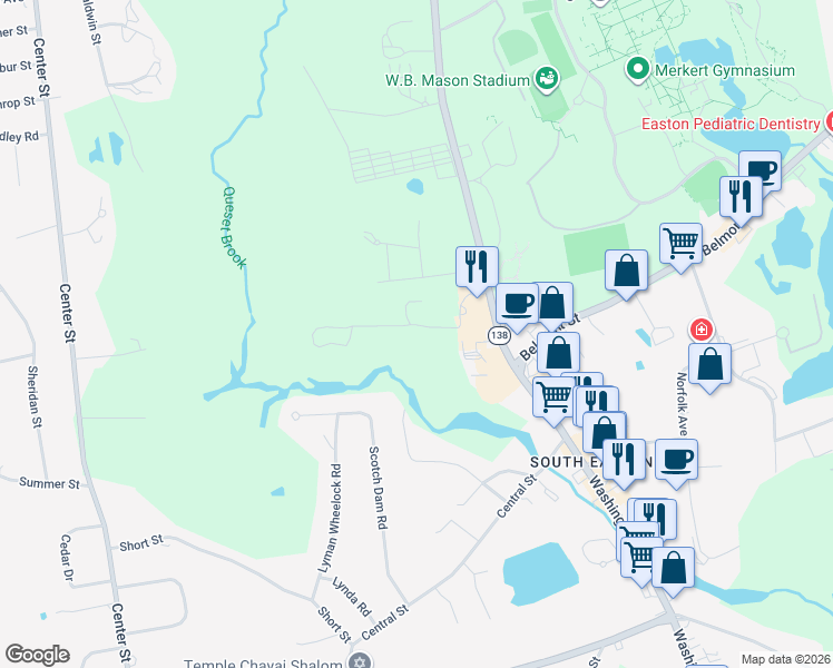 map of restaurants, bars, coffee shops, grocery stores, and more near 11 Roosevelt Circle in Easton