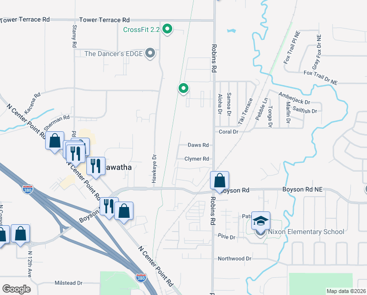 map of restaurants, bars, coffee shops, grocery stores, and more near 1345 Thiher Drive in Hiawatha