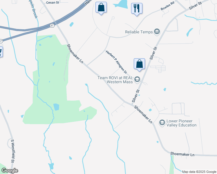 map of restaurants, bars, coffee shops, grocery stores, and more near 599 Shoemaker Lane in Agawam
