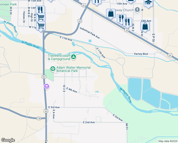 map of restaurants, bars, coffee shops, grocery stores, and more near 500-698 East 6th Avenue in Torrington