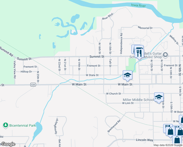 map of restaurants, bars, coffee shops, grocery stores, and more near 108 North 17th Street in Marshalltown
