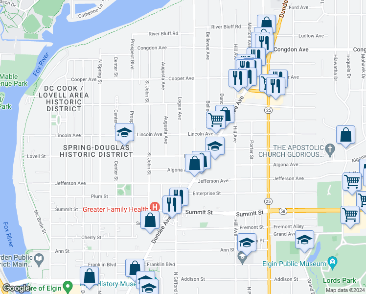 map of restaurants, bars, coffee shops, grocery stores, and more near 715 Logan Avenue in Elgin