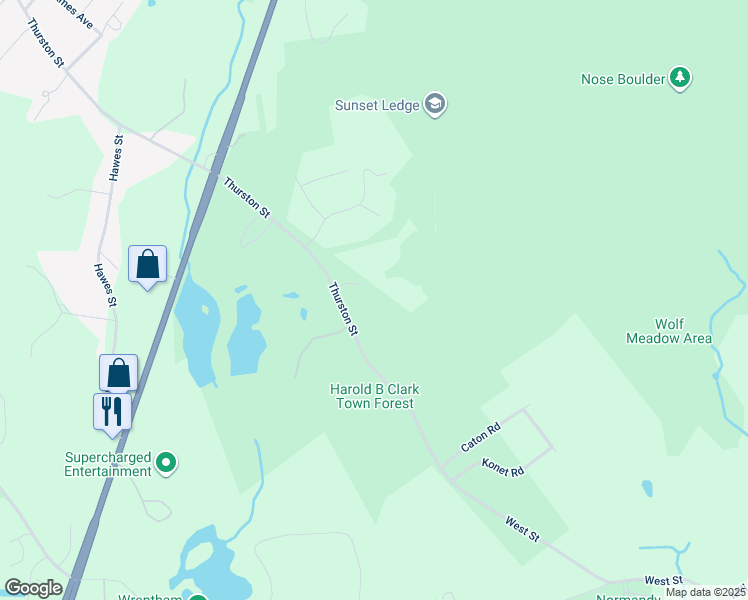 map of restaurants, bars, coffee shops, grocery stores, and more near 625 Thurston Street in Wrentham