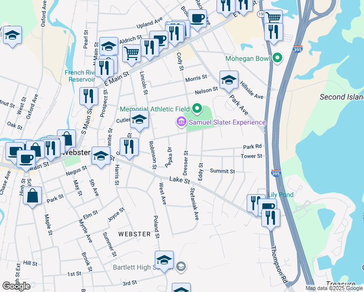 map of restaurants, bars, coffee shops, grocery stores, and more near 22 Ray Street in Webster