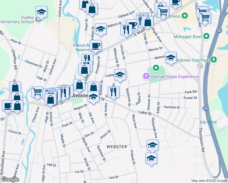 map of restaurants, bars, coffee shops, grocery stores, and more near 25 Goddard Street in Webster