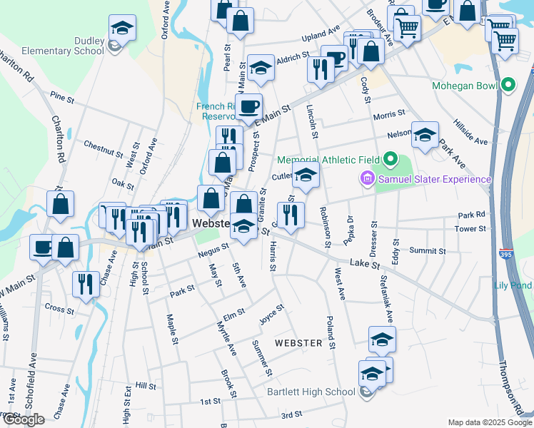 map of restaurants, bars, coffee shops, grocery stores, and more near 18R Granite Street in Webster