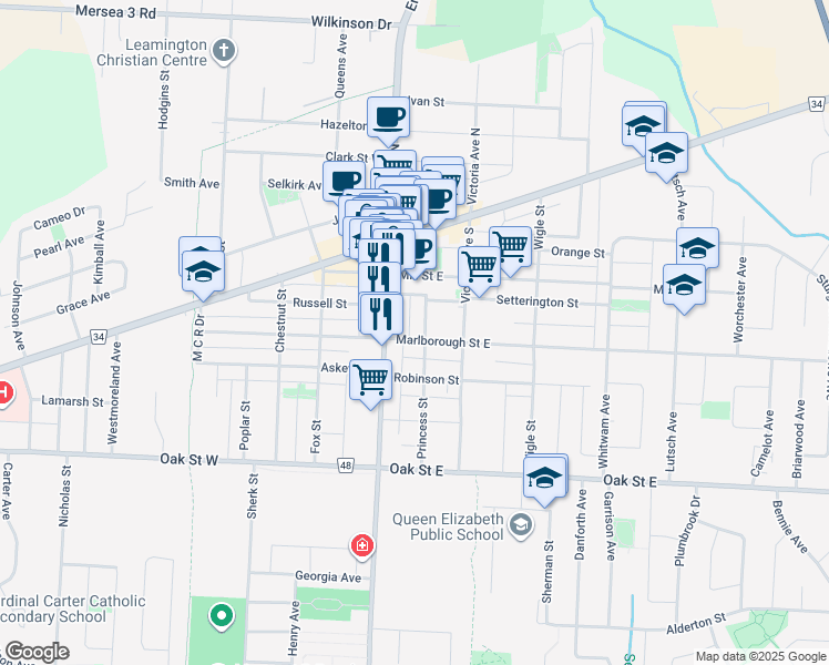 map of restaurants, bars, coffee shops, grocery stores, and more near 49 Princess Street in Essex County