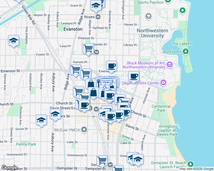map of restaurants, bars, coffee shops, grocery stores, and more near 1830 Sherman Avenue in Evanston