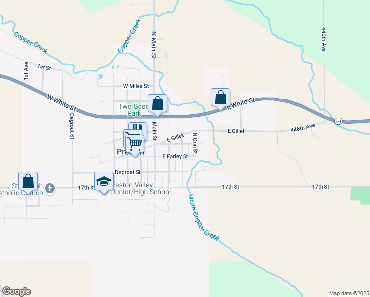 map of restaurants, bars, coffee shops, grocery stores, and more near 104 North Amos Street in Preston