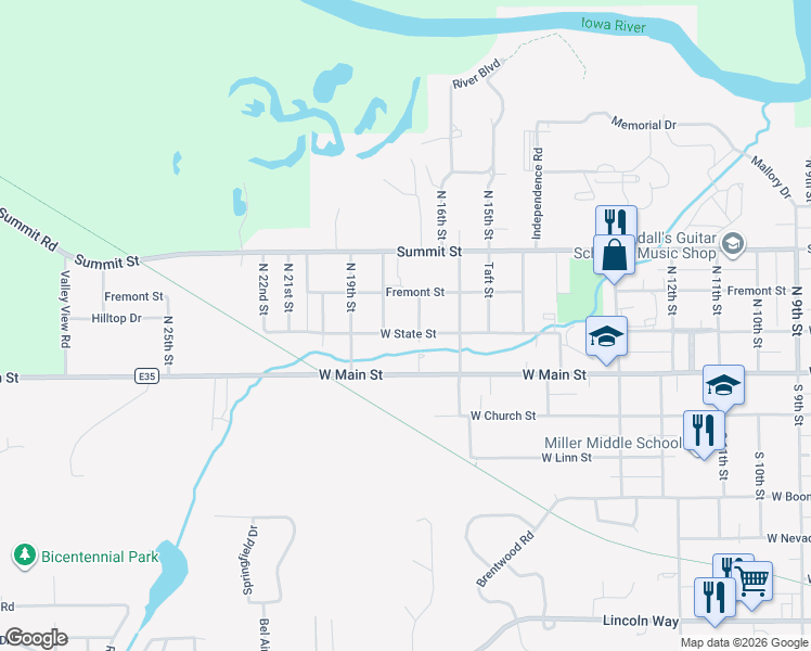 map of restaurants, bars, coffee shops, grocery stores, and more near 108 North 17th Street in Marshalltown