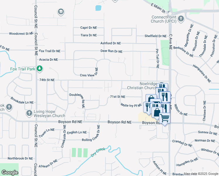 map of restaurants, bars, coffee shops, grocery stores, and more near 917 74th Street Northeast in Cedar Rapids