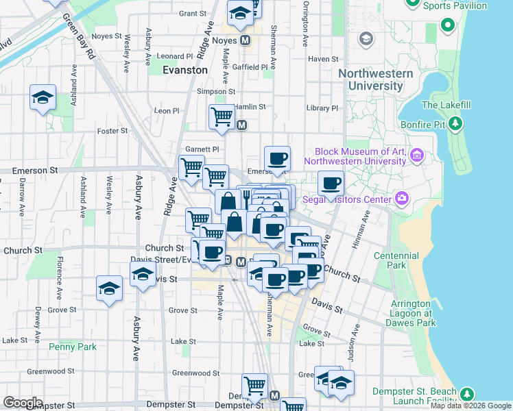 map of restaurants, bars, coffee shops, grocery stores, and more near 800 Elgin Road in Evanston