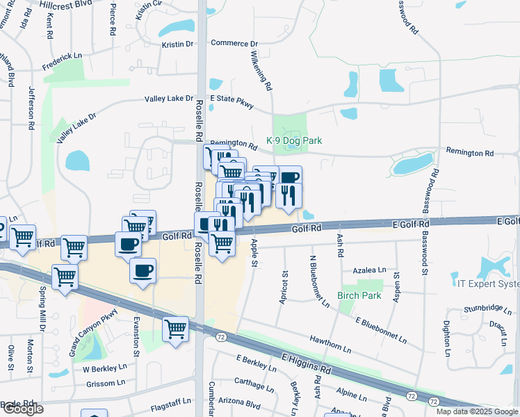 map of restaurants, bars, coffee shops, grocery stores, and more near 1270 Wilkening Road in Schaumburg