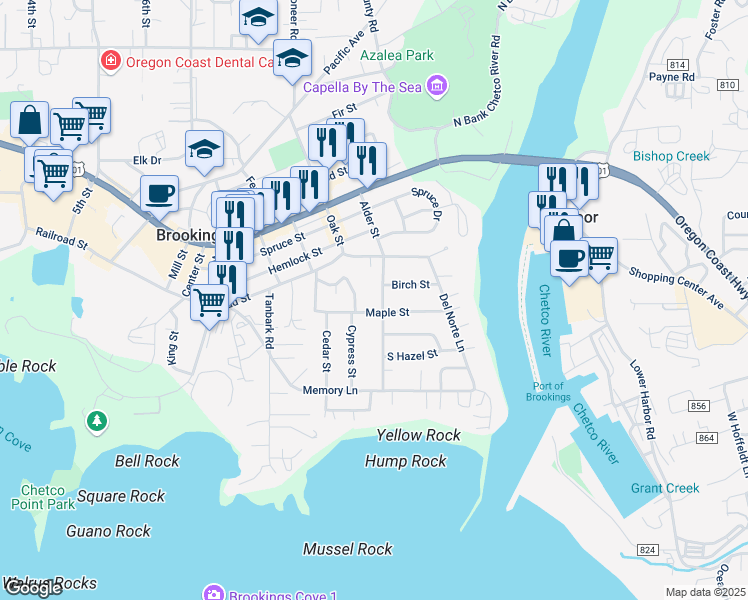 map of restaurants, bars, coffee shops, grocery stores, and more near 315 Alder Street in Brookings