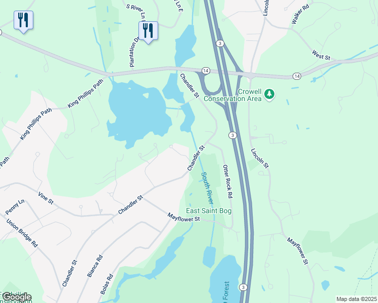 map of restaurants, bars, coffee shops, grocery stores, and more near 5 Ledgewood Drive in Duxbury