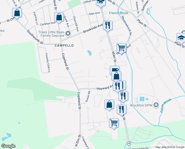 map of restaurants, bars, coffee shops, grocery stores, and more near 101 Stockholm Avenue in Brockton