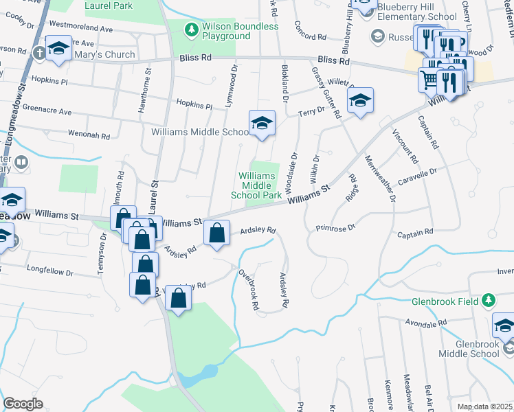 map of restaurants, bars, coffee shops, grocery stores, and more near 410 Williams Street in Longmeadow
