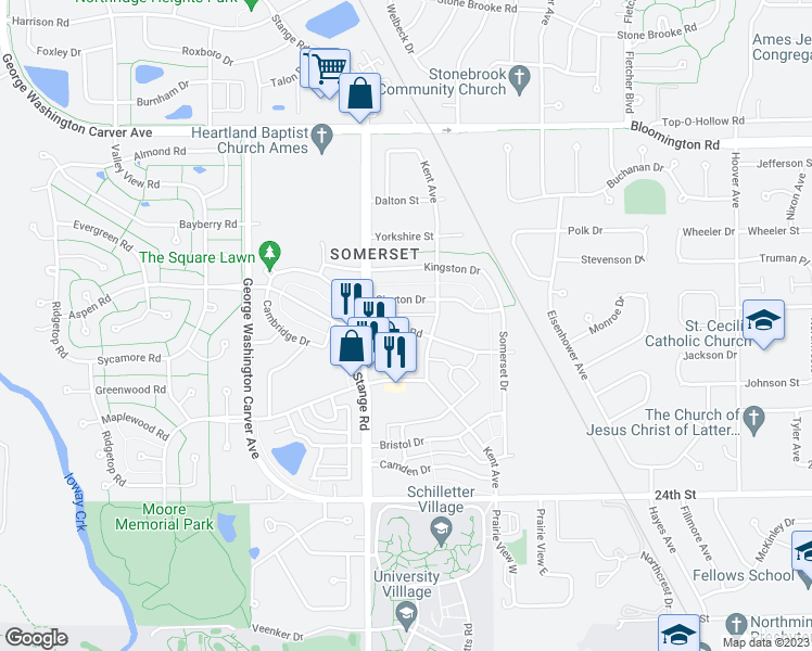 map of restaurants, bars, coffee shops, grocery stores, and more near 2523 Aspen Road in Ames