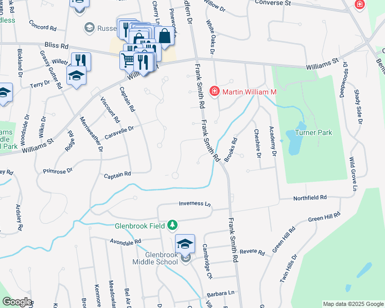 map of restaurants, bars, coffee shops, grocery stores, and more near 21 Ashford Road in Longmeadow