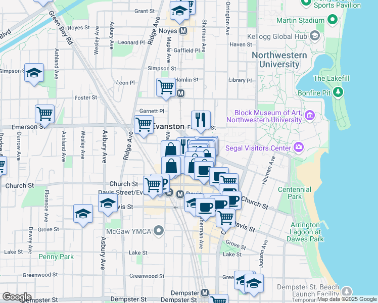 map of restaurants, bars, coffee shops, grocery stores, and more near 1830 Sherman Avenue in Evanston