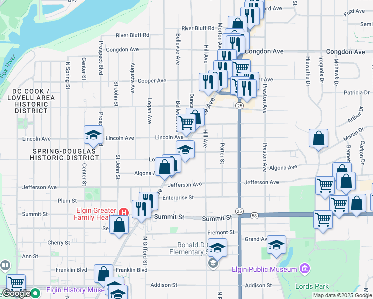 map of restaurants, bars, coffee shops, grocery stores, and more near 739 Dundee Avenue in Elgin