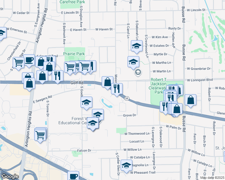 map of restaurants, bars, coffee shops, grocery stores, and more near 907 Golf Road in Arlington Heights